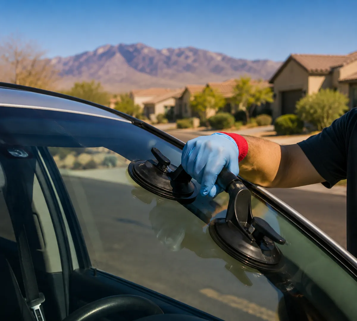 Auto glass technician repairing a windshield in Albuquerque