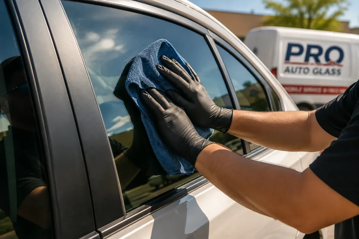 Mobile auto glass technician at a customer location in Albuquerque
